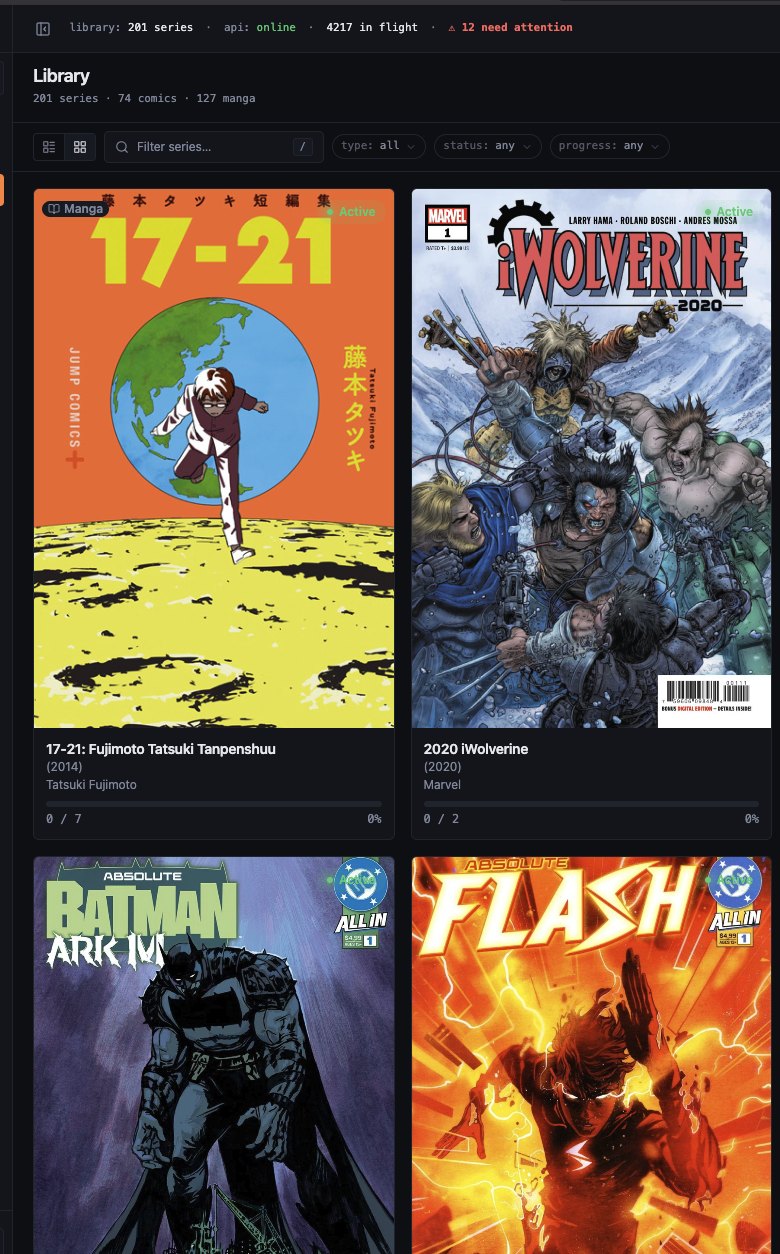 The Comicarr library, showing the sidebar, the filter bar, and a grid of series covers each with its own completion bar.